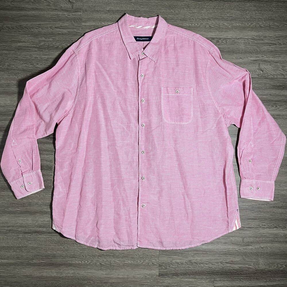 Tommy Bahama Shirt Men's 2XB Pink Micro Gingham Linen TENCEL Long Sleeve EUC